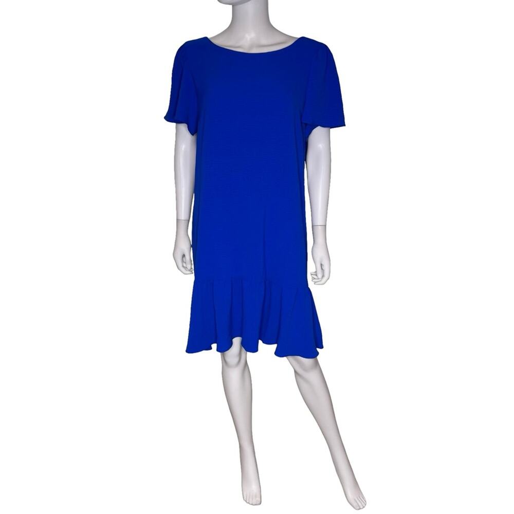 DKNY Women's Blue Flowy Short Sleeve Ruffle Hem Dress Sz 16